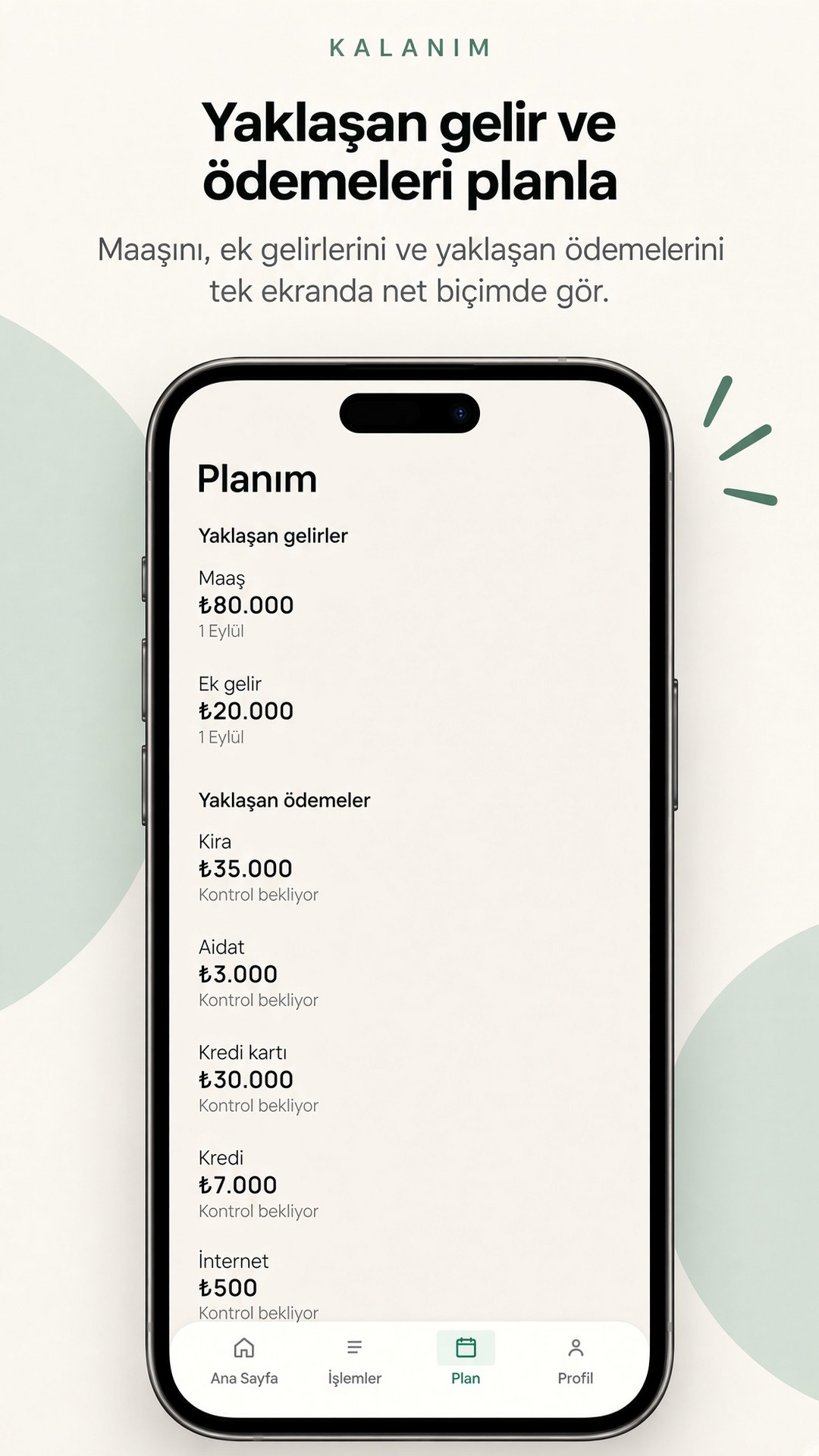 KALANIM plan. Yaklaşan gelirler ve ödemeler.