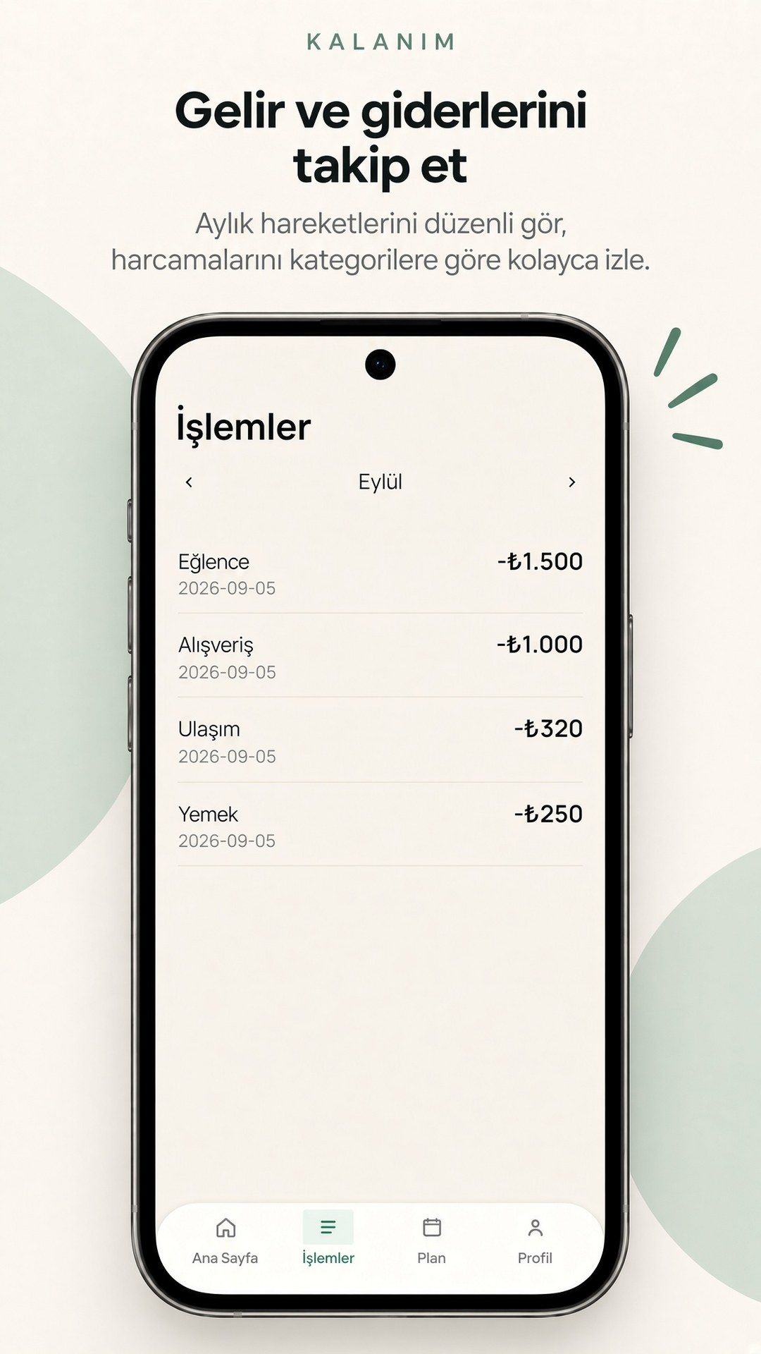 KALANIM işlemler. Kategori ve tarihli gider listesi.